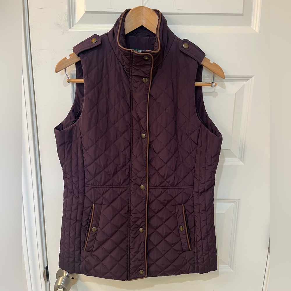 Lauren Ralph Lauren Quilted Plum Puffer Vest Womens Leather Trim Epaulettes Sz.S